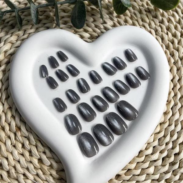 24 шт., серые кошачьи глаза, накладные ногти, средние глянцевые накладные ногти, блестящие акриловые накладки с полным покрытием, готовые кончики ногтей для женщин