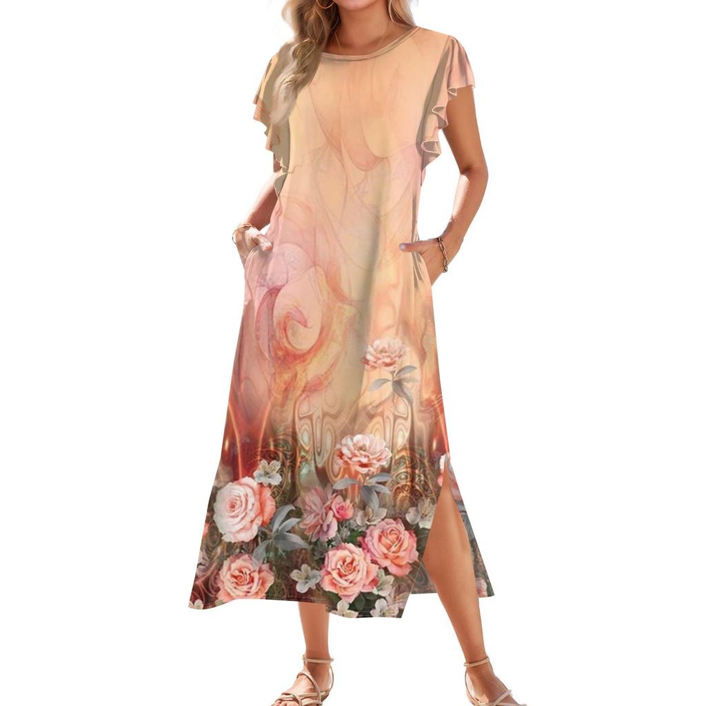 Женское модное летнее повседневное пляжное платье с плиссированными рукавами, свободным ретро-цветочным принтом, короткими рукавами, круглым завязкой и карманом