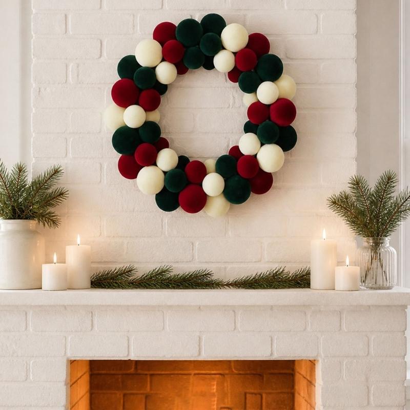 Christmas Ball Wreath For Front Door Christmas Door Wreath with Staggered Three-Tone Ball Clusters, Soft-Looking Texture, and a Back Loop for Entryway