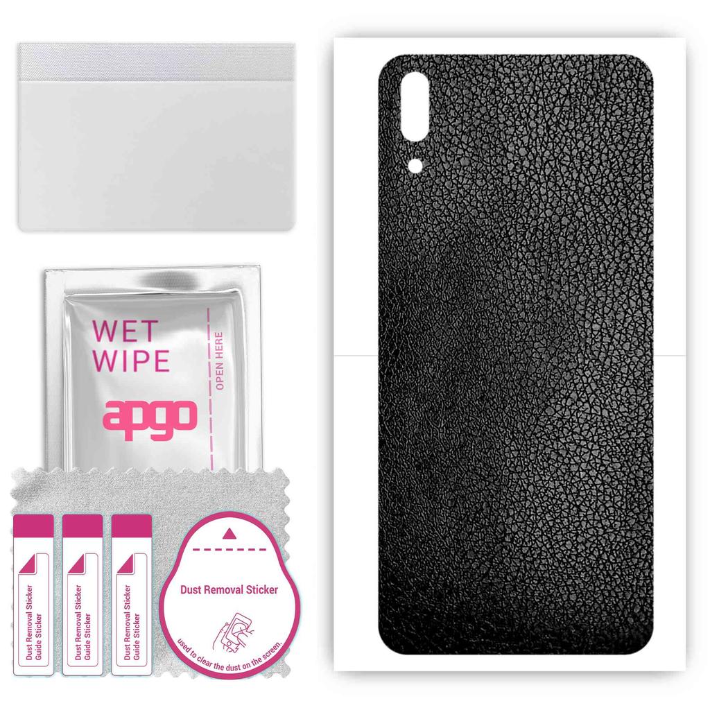 apgo Protective Skin Sticker for the Back Compatible with Huawei Enjoy 9, Wrap Film, Foil, Vinyl - Pattern Black Leather