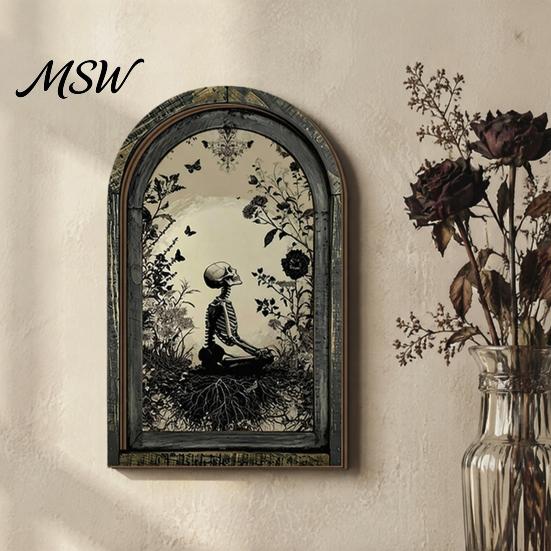 Dark Gothic Home Decor Halloween Arched Wooden Wall Decor, Ghost Cat Double-Layer Hanging Ornament, Distressed Medieval Window Style Tabletop Plaque,