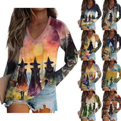 Женская футболка с длинным рукавом и V-образным вырезом с принтом на Хэллоуин, повседневные базовые топы
