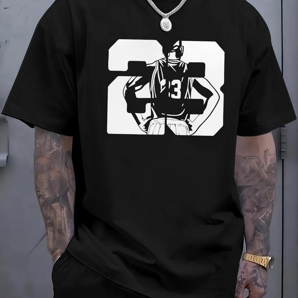 Plus Size Men's Letter Pattern Printed Christmas Essential T-Shirt. Men's Trendy Short-sleeve T-shirt, Featuring a Star Number 23 Design