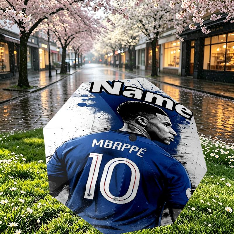 Custom Name Personalized Kylian Mbappe Print Umbrella, Auto Open Close, 8‑Rib Sturdy Frame, Commute Camping Hiking Use, Birthday Gift