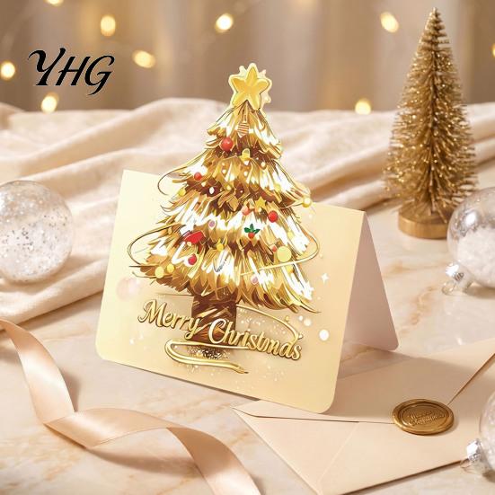 Premium Paper Cards for Christmas Season 10 Pcs 3D Tree Greeting Cards, Holiday Postcards Blank Note Hand Written Blessings Bulk New Year, Winter Xmas
