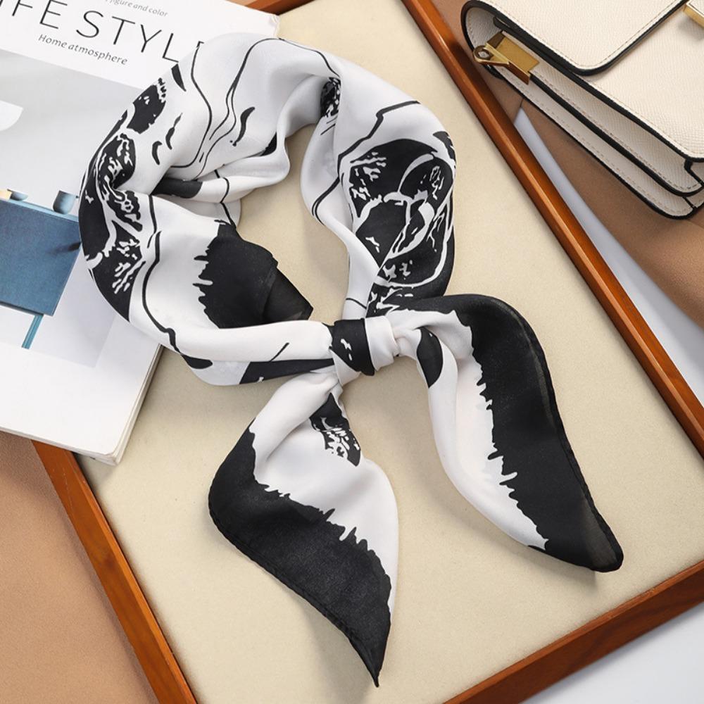 Trendy Square Silk Scarf Double Sides Black White Head Handkerchief 70*70cm Handbag Wraps Hair Scarf Female