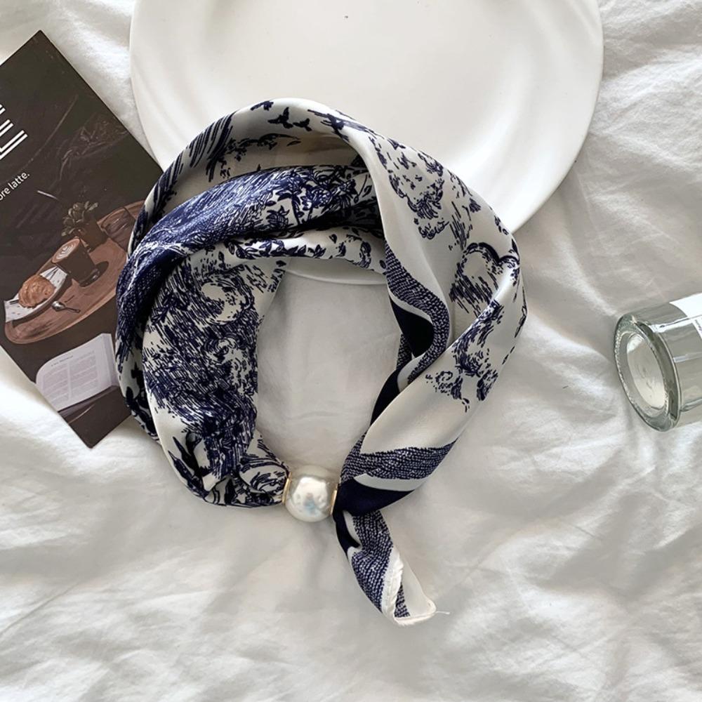 Flower Pearl Magnetic Buckle Scarf Print Scarves Printed Silk Scarf Retro Polka Dot Scarf Vacation