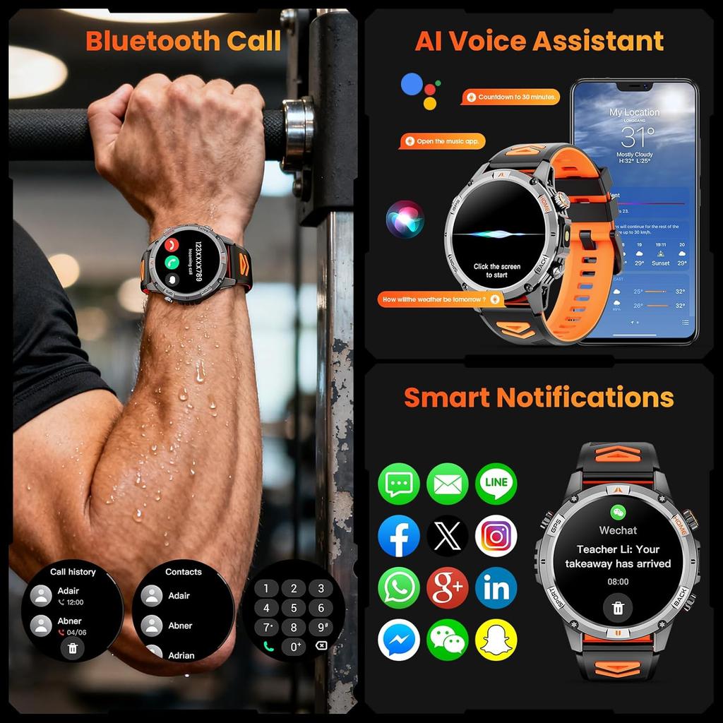 Новая умная часы с GPS-картой, навигацией, AMOLED-экраном, водонепроницаемостью 10 ATM, компасом, фонариком, поддержкой звонков по Bluetooth, для мужчин