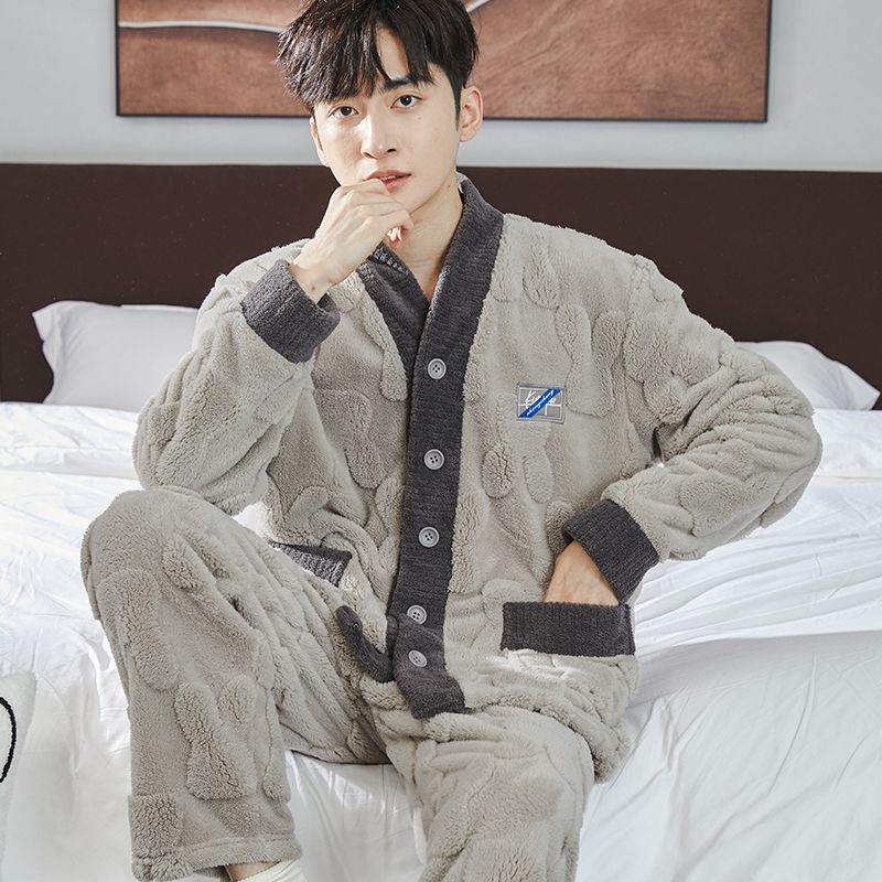 Комплект из 2 предметов осенне-зимняя фланелевая мужская пижама теплые длинные рукава длинные брюки плюс утолщенная домашняя одежда из бархата