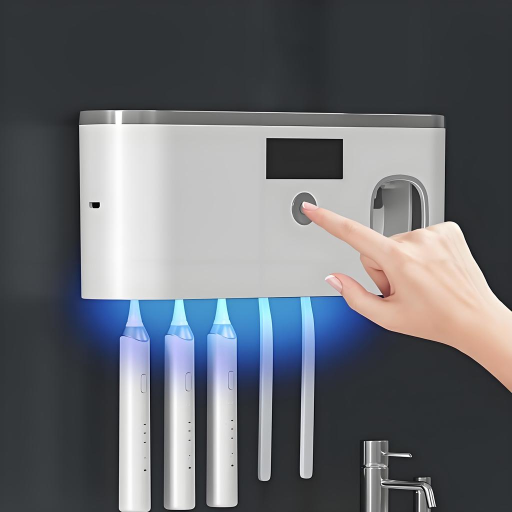 Умный набор дозатора зубной пасты - Настенный органайзер с держателем для чашки и зубных щеток, АБС-пластик, не содержит БФА (Клейкое крепление для детей)