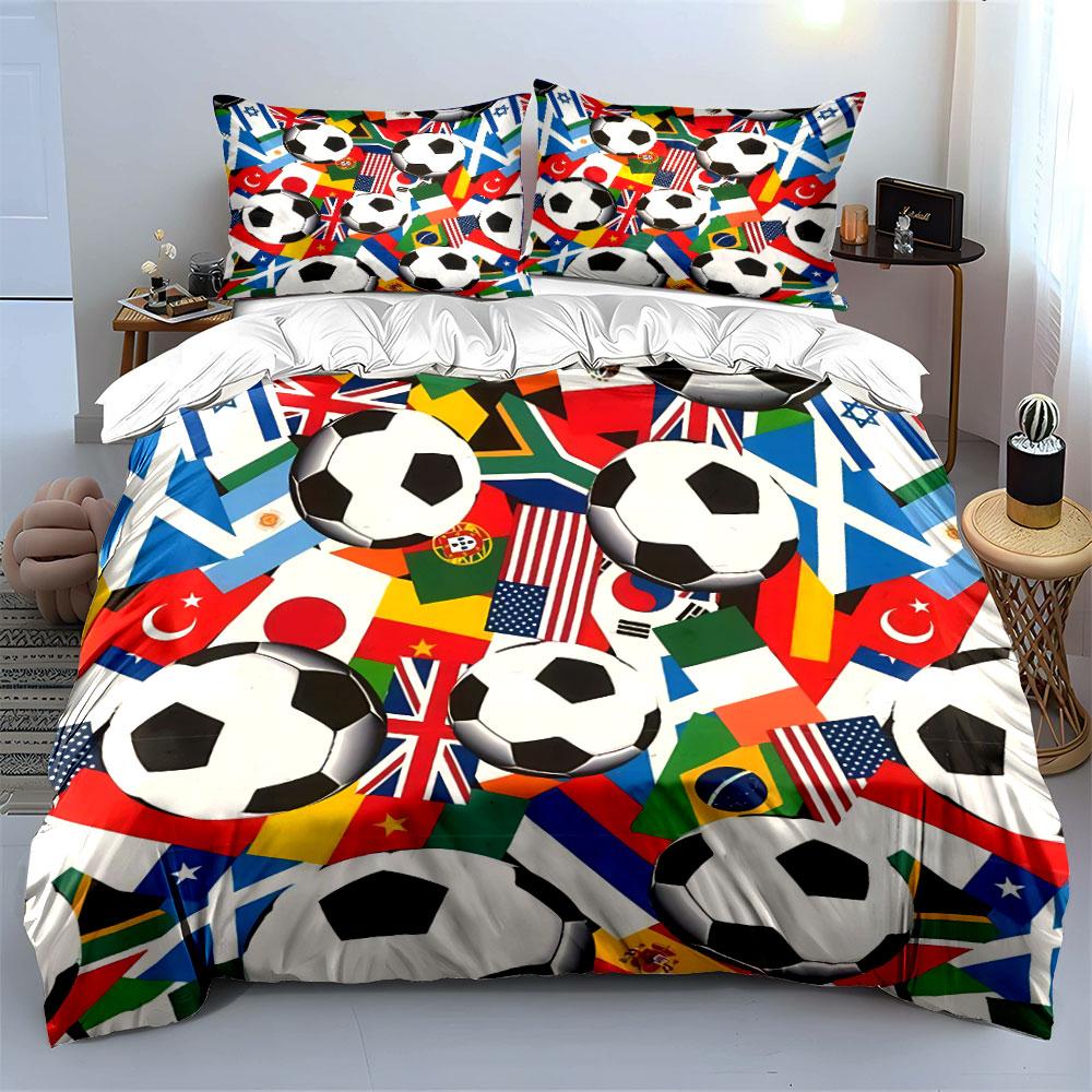 Soccer Balls and World Flags Bedding Duvet Cover Set Duvet Cover Pillowcases (1*Duvet Cover 2*Pillowcases, without duvet insert)