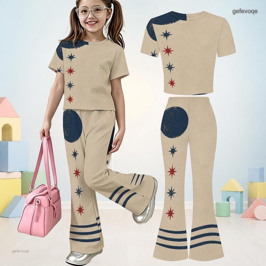 Girls Beige Printed Round Neck Short Sleeve Top And Flared Pants Two Piece Set