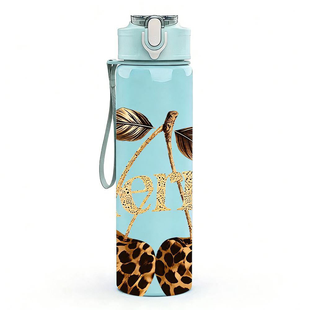 1PC Leopard Cherry Gold Letter Graphic,750ml Color Plastic Sports Water Bottle,Leakproof Flip Straw Lid,Suitable for Sports Office Home Use