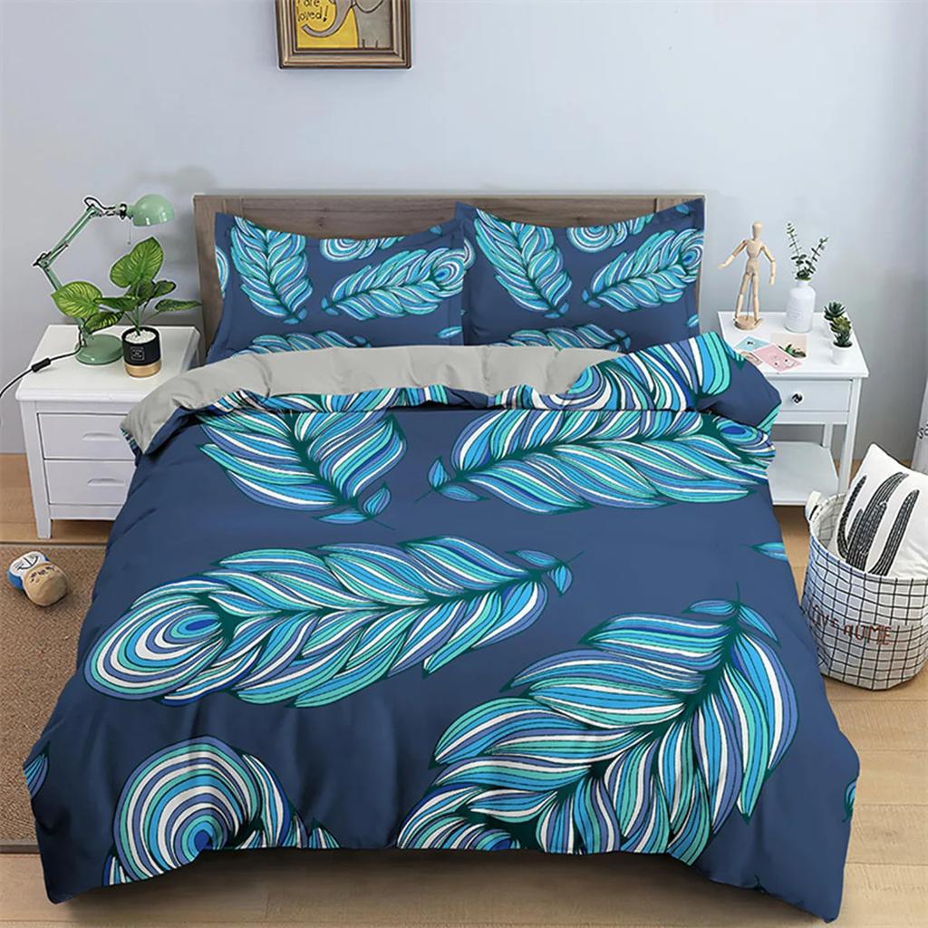 Dark Blue Peacock Feather Duvet Cover Feather Elegant Theme Chic Floral Quilt Cover for Women Teen Boys Girls Bedroom Decoration