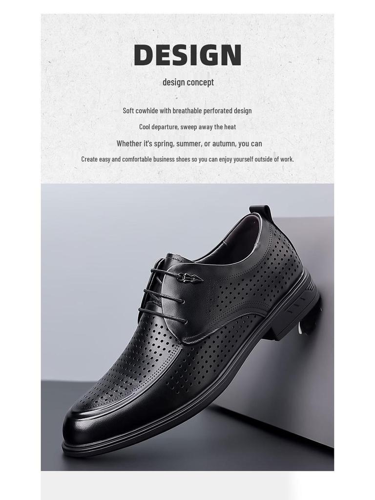 Men's Genuine Leather Breathable Formal Shoes – Top Layer Cowhide, Pointed Toe, Hollow Design, High-End Casual Style