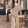 Женский облегающий вязаный костюм с напуском на весну и осень, свободный свитер с v-образным вырезом + широкие брюки с высокой талией, комплект из двух предметов
