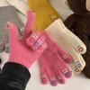 Cute Solid Color Knitted Wool Warm Gloves for Women In Winter Finger Exposed  Touch Screen Student Finger Proof  Cold Proof Cycling Cartoon