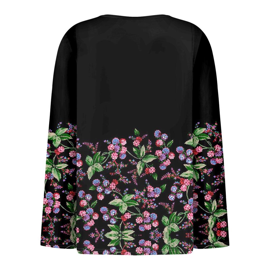 Женская модная повседневная футболка с v-образным вырезом и длинным рукавом с цветочным принтом, украшенная топами