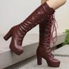 Модные женские сапоги до колена на платформе 2024 года, сексуальные зимние туфли на шнуровке, черные, коричневые, на блочном каблуке, длинные сапоги, женская обувь, большой размер 48
