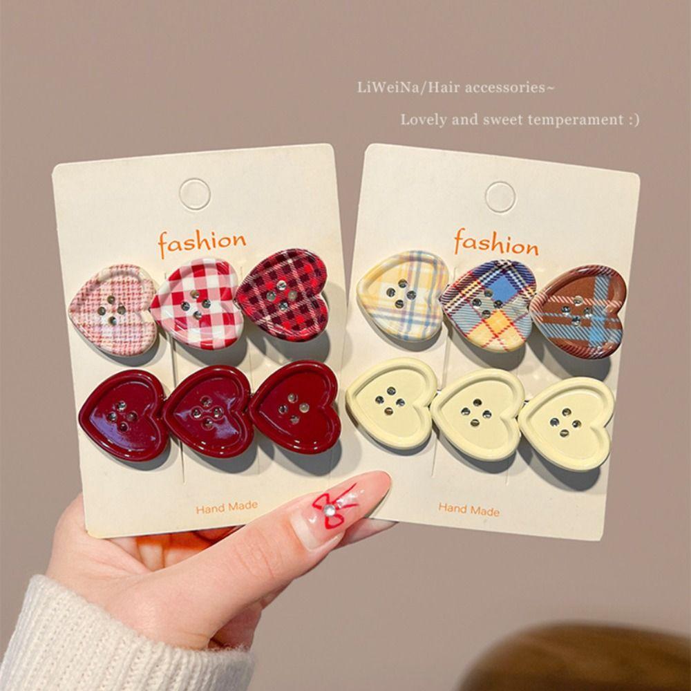 Non Slip Heart Hair Clip Plaid Pattern Button Hair Clip Fashion Plaid Hair Clip Gifts