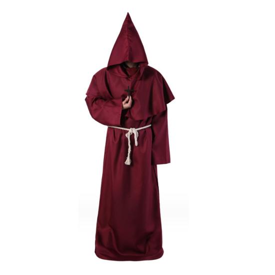 4Pcs/Set Halloween Cloak Costume Medieval Monk Robe Wizard Cosplay Dance Fabric Cape with Strong Drape Big Hat Necklace Waist Rope