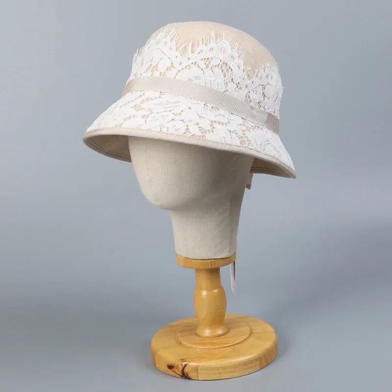 Французская модная шляпа-цилиндр из кружевной шерсти для светской львицы, элегантная шляпа для леди в стиле ретро, молочно-белого цвета, теплая шляпа для рыбалки