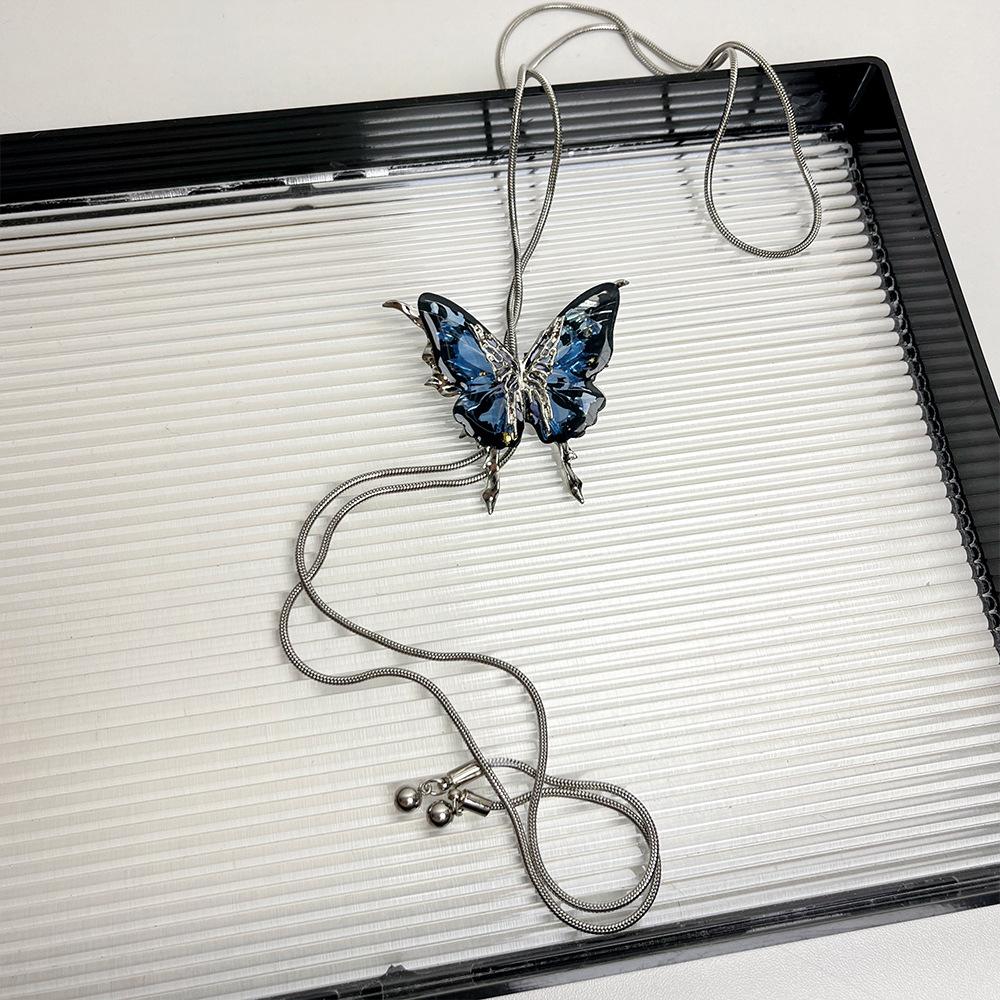 2025 New Metal Blue Butterfly Necklace for Women Long and Pullable Light Luxury Collarbone Chain Fashion Sweater Chain Pendant