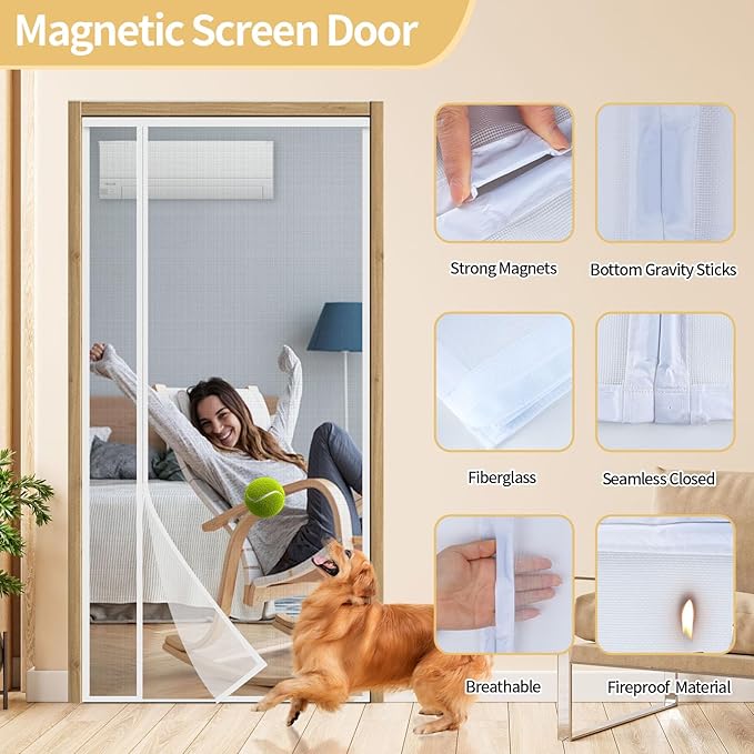 White Magnetic Screen Door,Reversible Left or Right Side Opening,Keep Bugs Out, Hands Free, Pet and Kid Friendly, Fits Door