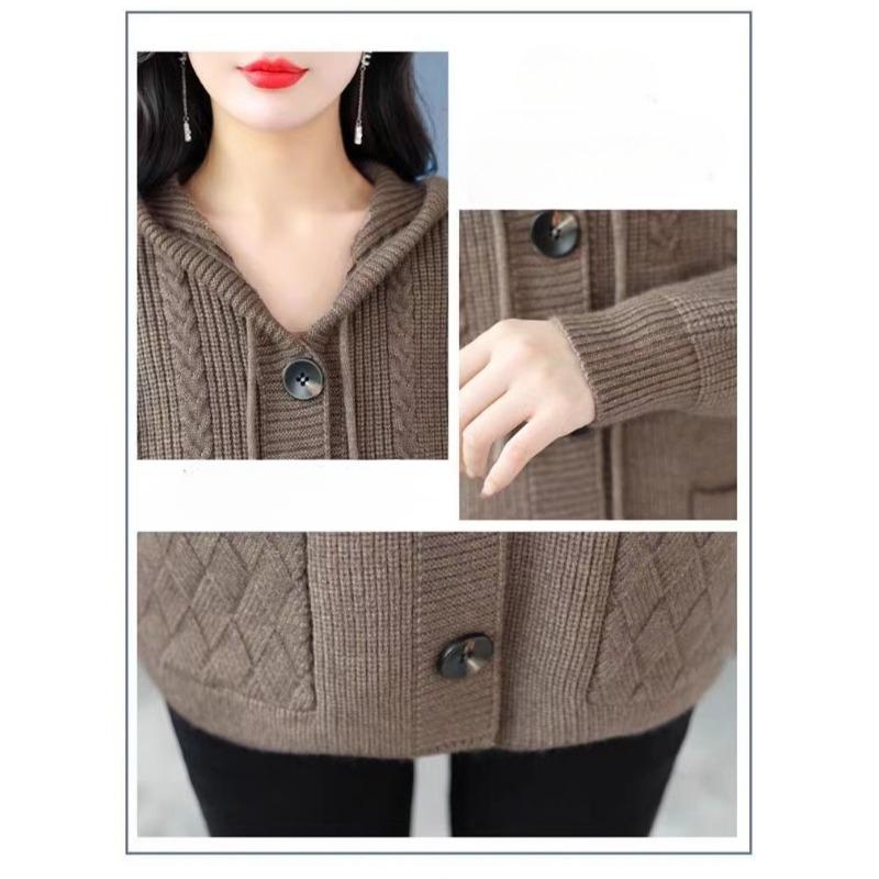 Thick Knitted Hooded Cardigan for Middle-aged and Elderly Women In Short Length