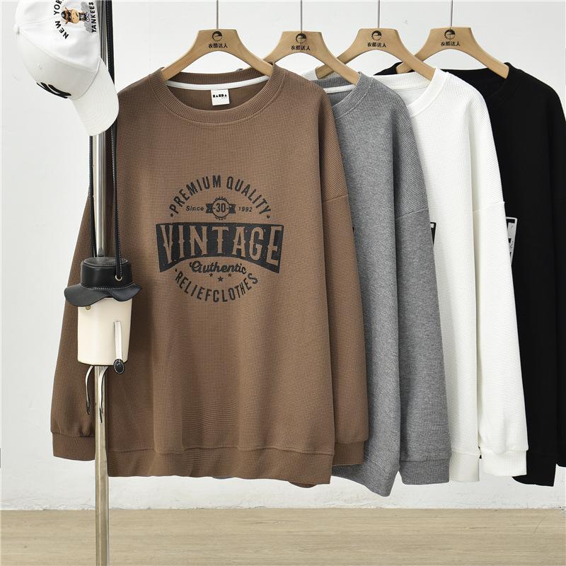 Вафельная женская толстовка с длинным рукавом, свободный повседневный пуловер больших размеров