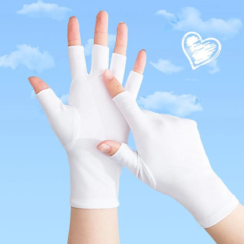 1 Pair Women Casual Elastic Anti-UV Half Finger Gloves Black White Gray Summer Cool Thin Short Cycling Driving Mittens