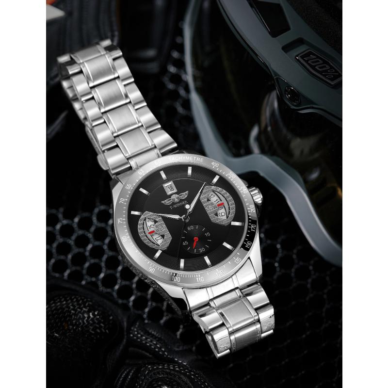 WINNER Спортивные золотые автоматические часы для мужчин, отображение даты, люминесцентные стрелки, ремешок из нержавеющей стали, роскошные механические часы высшего бренда