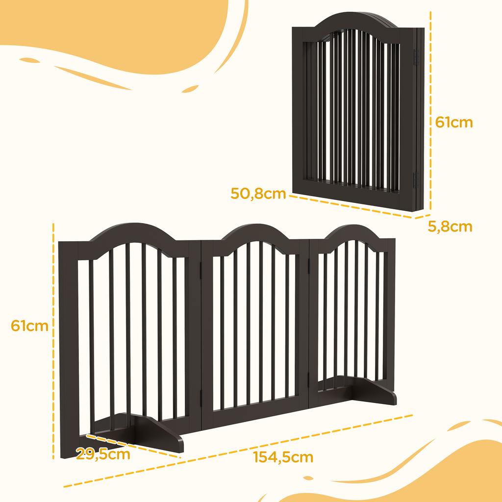 Dog Gate, 3 Panels, Foldable, Solid Wood and MDF, 154.5 x 29.5 x 61 cm, Coffee