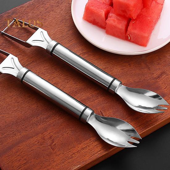 1/2Pcs Watermelon Fork Slicer Stainless Steel 2 In 1 Cutter Round Fork Head Portable Kitchen Fruit Cutting Fork for Watermelon Chunks Cake Bread