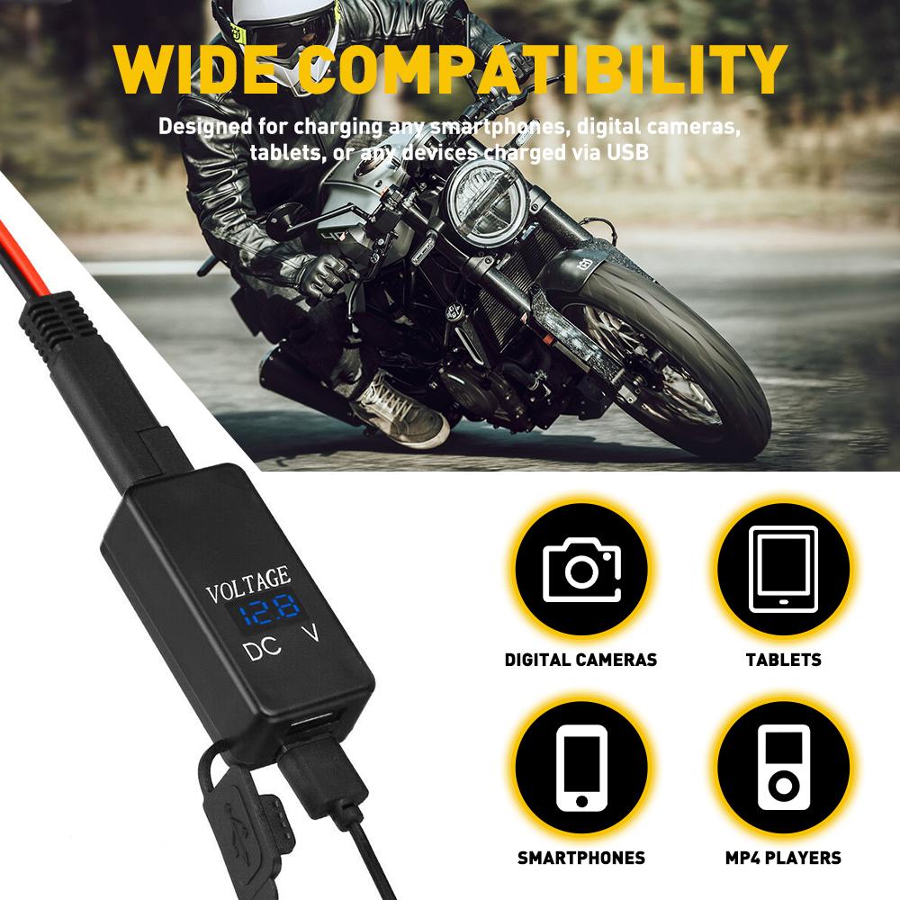 QC3.0 Motorcycle 2 USB Fast Charger Waterproof With Voltmeter Digital Charge SAE To USB Motorbike Inline Fuse Power Supply