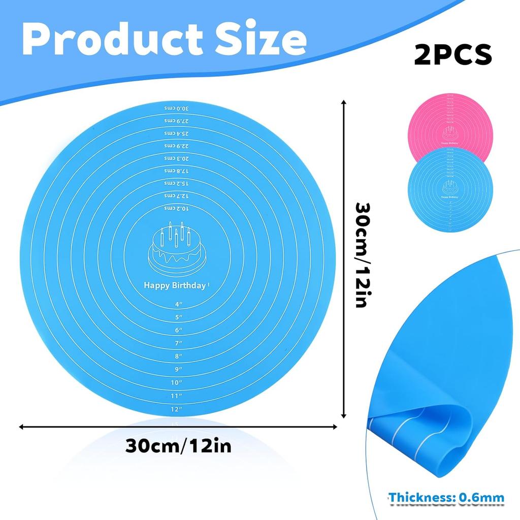 2Pcs Silicone Cake Mat,12 Inch Round Baking Mat with Measurements Reble Turntable Pastry Mats for Rolling Out Dough Cake Pizza and Cookies