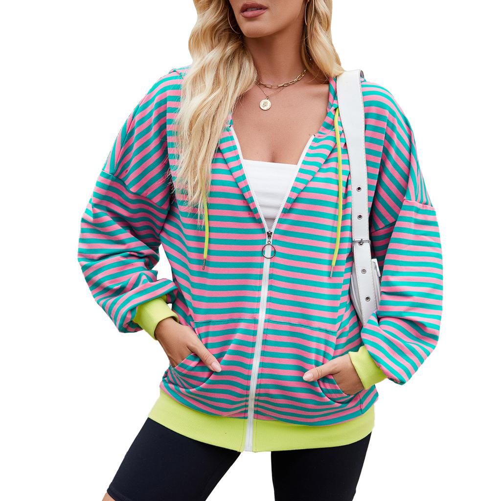 HNXC Women's Fashion Casual Stripe Print Long Sleeve Hooded Hoodies & Sweatshirts