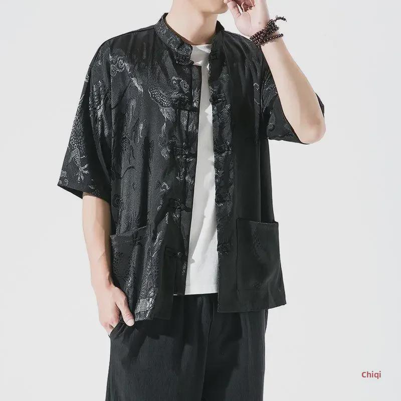 Pattern Chinese Style Dragon Mens Ice Silk Tang Shirt Short Sleeves Loose Fit