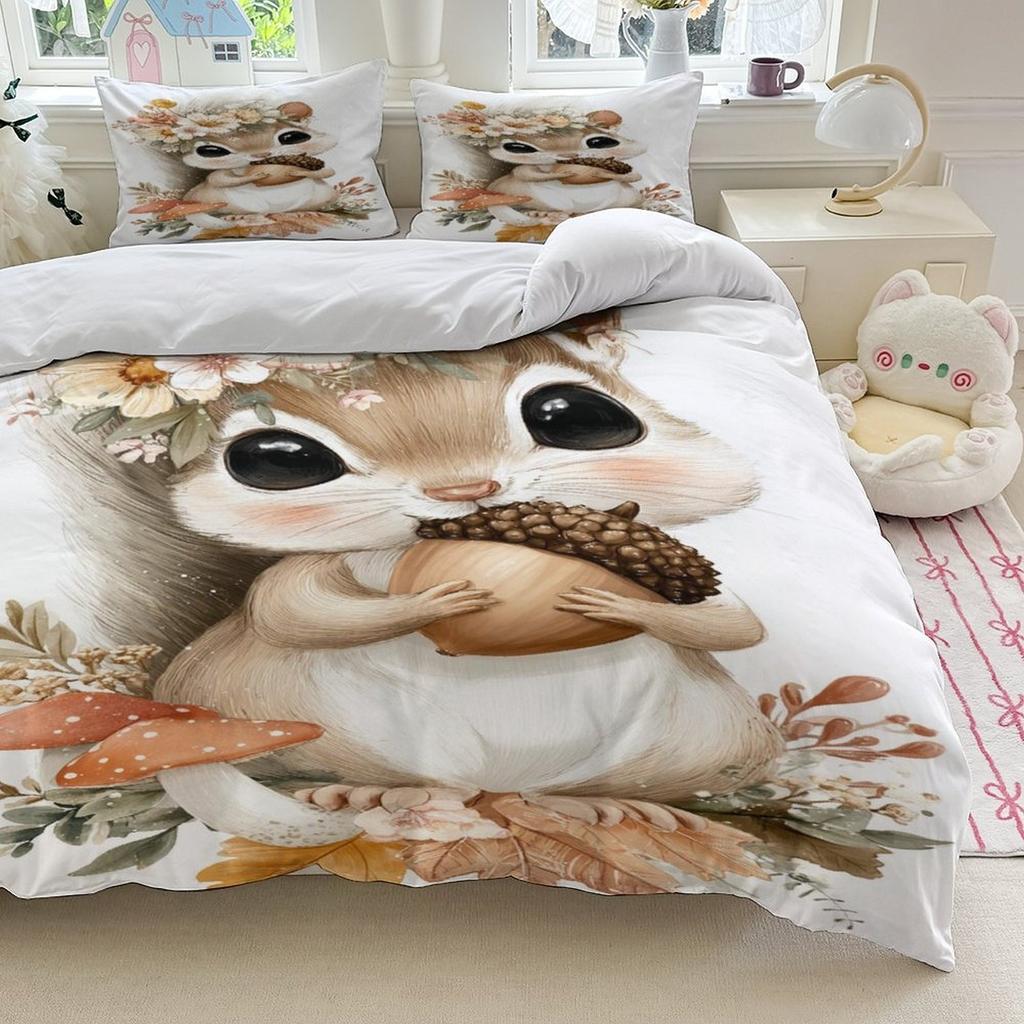 Милый комплект постельного белья с белками Мягкий полиэстер Пододеяльник Комплект с наволочкой Для декора спальни Подарок на день рождения для девочек