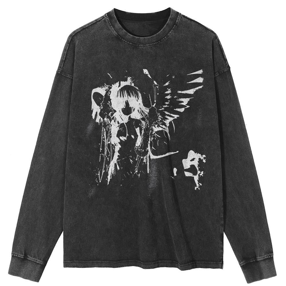 Streetwear Japanese Anime Graphic Washed Black T-Shirt Cotton Unisex Tops Tees Plus Size Long T Shirt