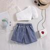 Girls' Suit Summer Children's Solid-color Short-sleeved Top and Denim Shorts