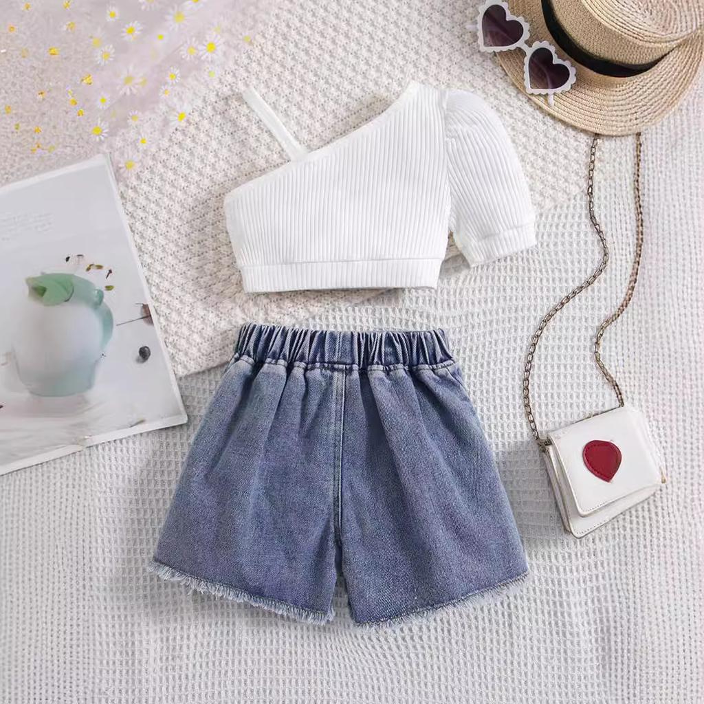 Girls' Suit Summer Children's Solid-color Short-sleeved Top and Denim Shorts