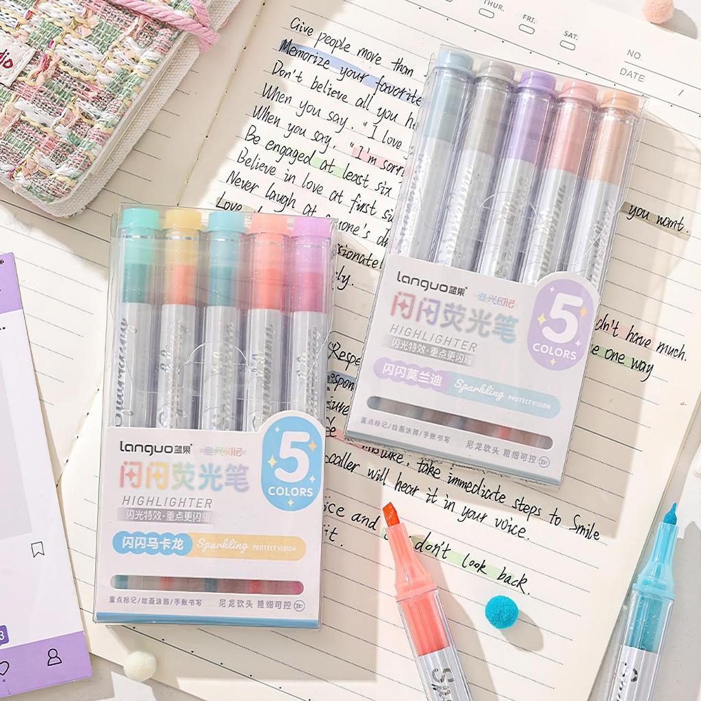 5pcs Mild Colors Highlighter Pens Set, Morandi Protect Vision Soft Chisel Brush Tip - Hued & Sparkling Fluorescent Markers