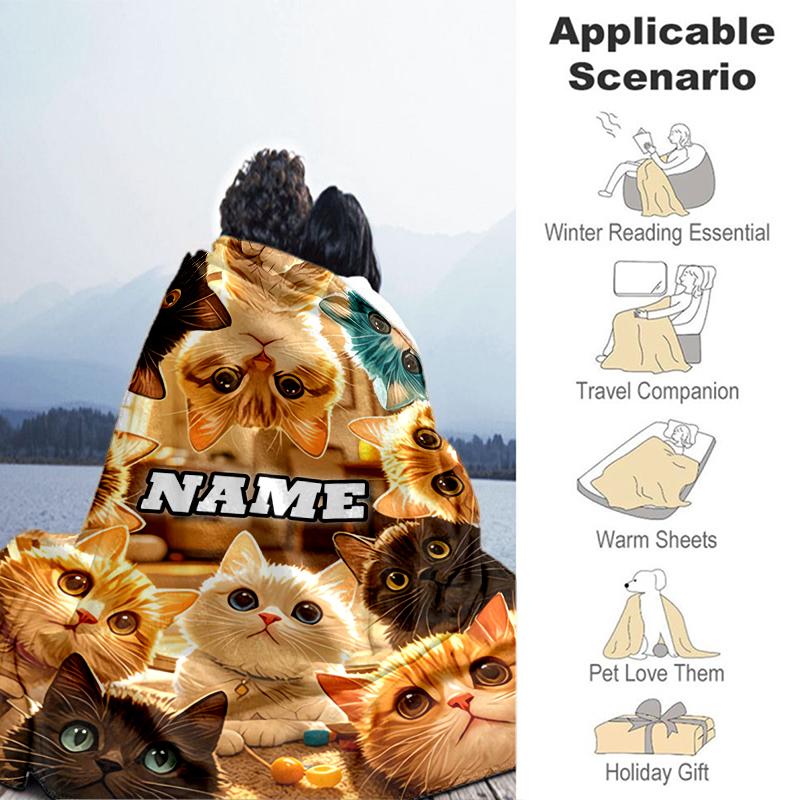 1PC Custom Name "Kitty Cats Collage" flannel blanket versatile,all-season throw suitable for the living room,bedroom,camping,travel,and gift