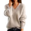 Женская мода V-образный вырез однотонный трикотажный низ рубашка длинный рукав пуловер топ свитер