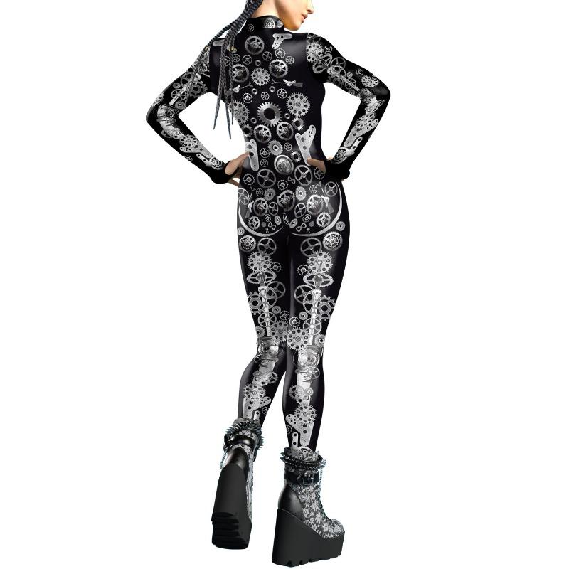 Halloween Costume Clock Gear Digital Printing Steampunk Tights Onesie Woman