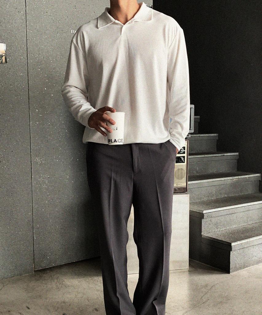 BYMONO [Plus Sizes M-8Xl] Snap-Snap Tee Classic Button Collar Automatic Tuck Long Sleeve Tee