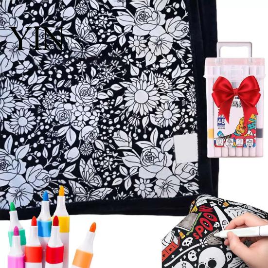 Подарки на вечеринку для детей своими руками DIY Раскрашивающее одеяло с 24 маркерами, Раскрась свое собственное одеяло, 59" x Время тишины Творческие проекты 45" Мягкое уютное