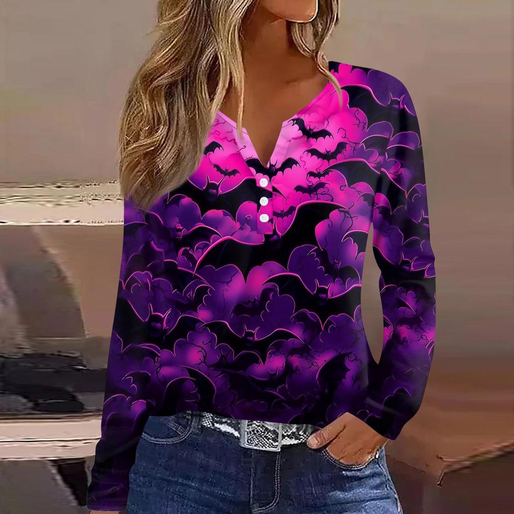 Жен. Футболка Футболка Хэллоуин С принтом Пуговицы Длинный рукав Повседневные Выходные Мода Классический Классический V-образный вырез Обычный Верх