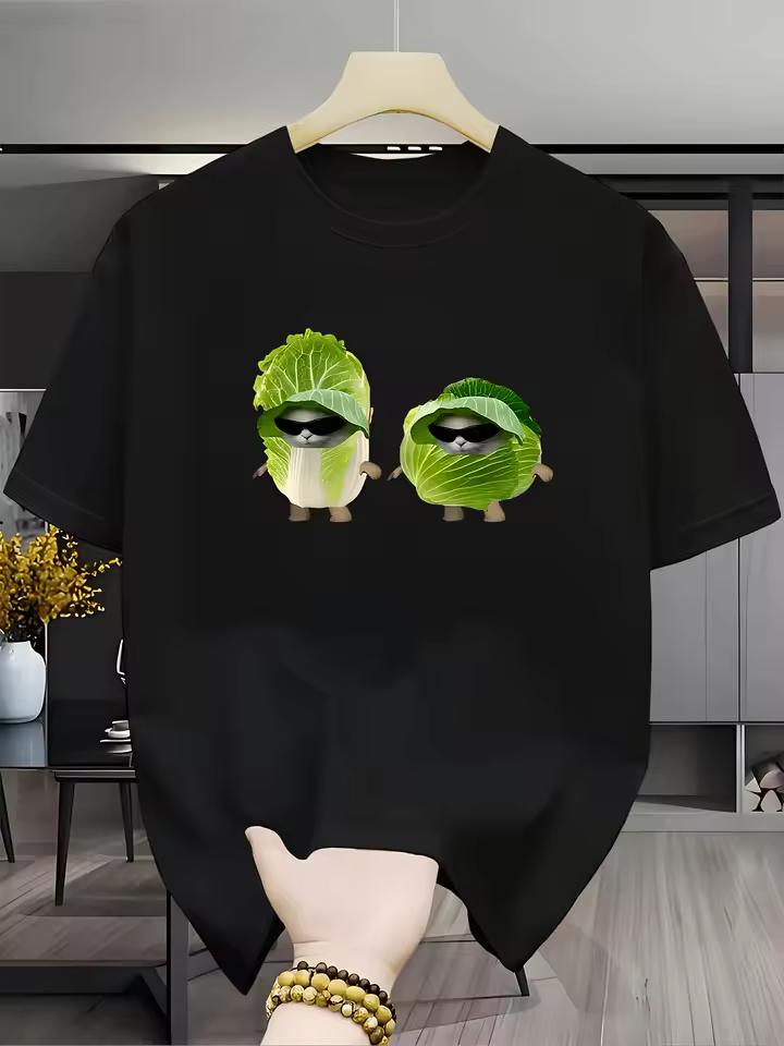 Kawaii Cabbage Cat Graphic T Shirt Funny Vegetable Cats Sunglasses Meme Tee Summer Short Sleeve Top Trendy Streetwear Shirt